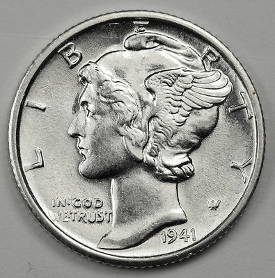 1941-s Mercury Head Dime. 100% Full Separated Horizontal Bands. BU. Inventory G