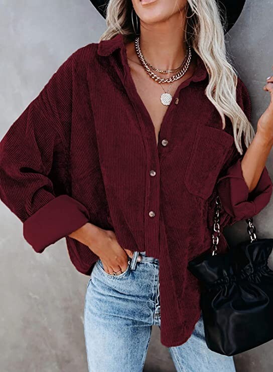 Astylish Corduroy Shirts Casual Long Sleeve Button Down Blouse Small Burgundy