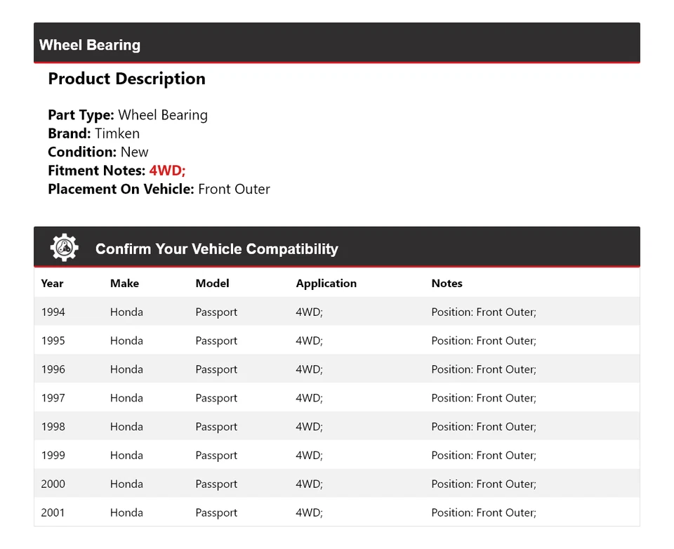 Cojinete de rueda delantero exterior Timken 1995 1996 1997 para Honda Passport 1994-2001 4x4 Foto 2 de 4