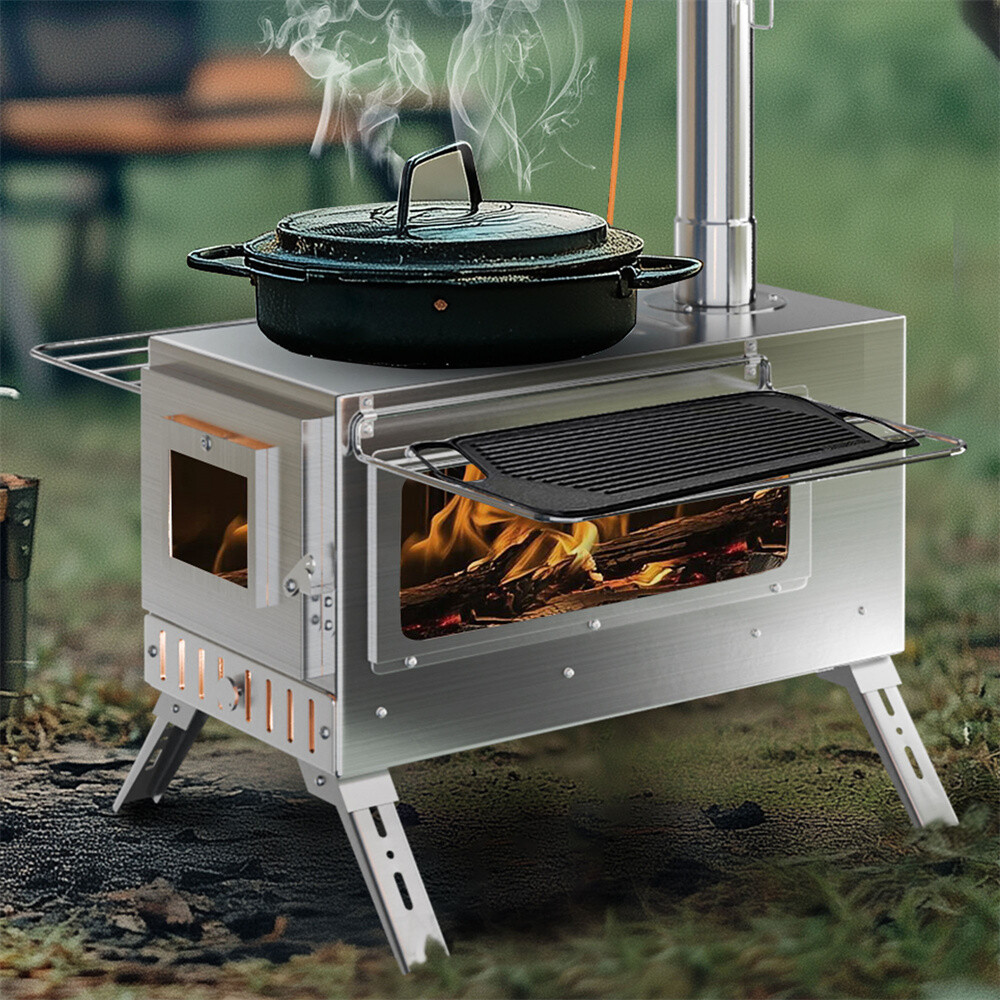 Wood Burning Stove Steel Camping Cooker Tent Heater Shelter Chimney Pipe  Hot Pit