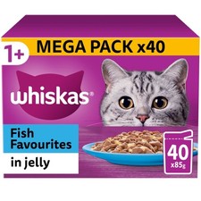 80 x 85g Whiskas 1+ Fish Favourites Mixed Adult Wet Cat Food Pouches in Jelly 4.64 per kilo