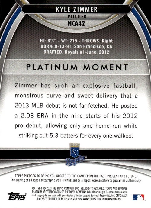 Bowman Platinum Kyle Zimmer 2013 #NC42 naranja autógrafo Kansas City Royals A9 Foto 2 de 2