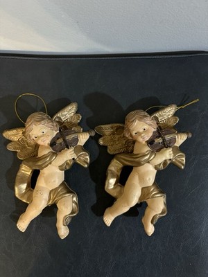 Vintage Cherub Angel Set 6.5 Christmas Tree Ornament. Violin Player MCM Retro