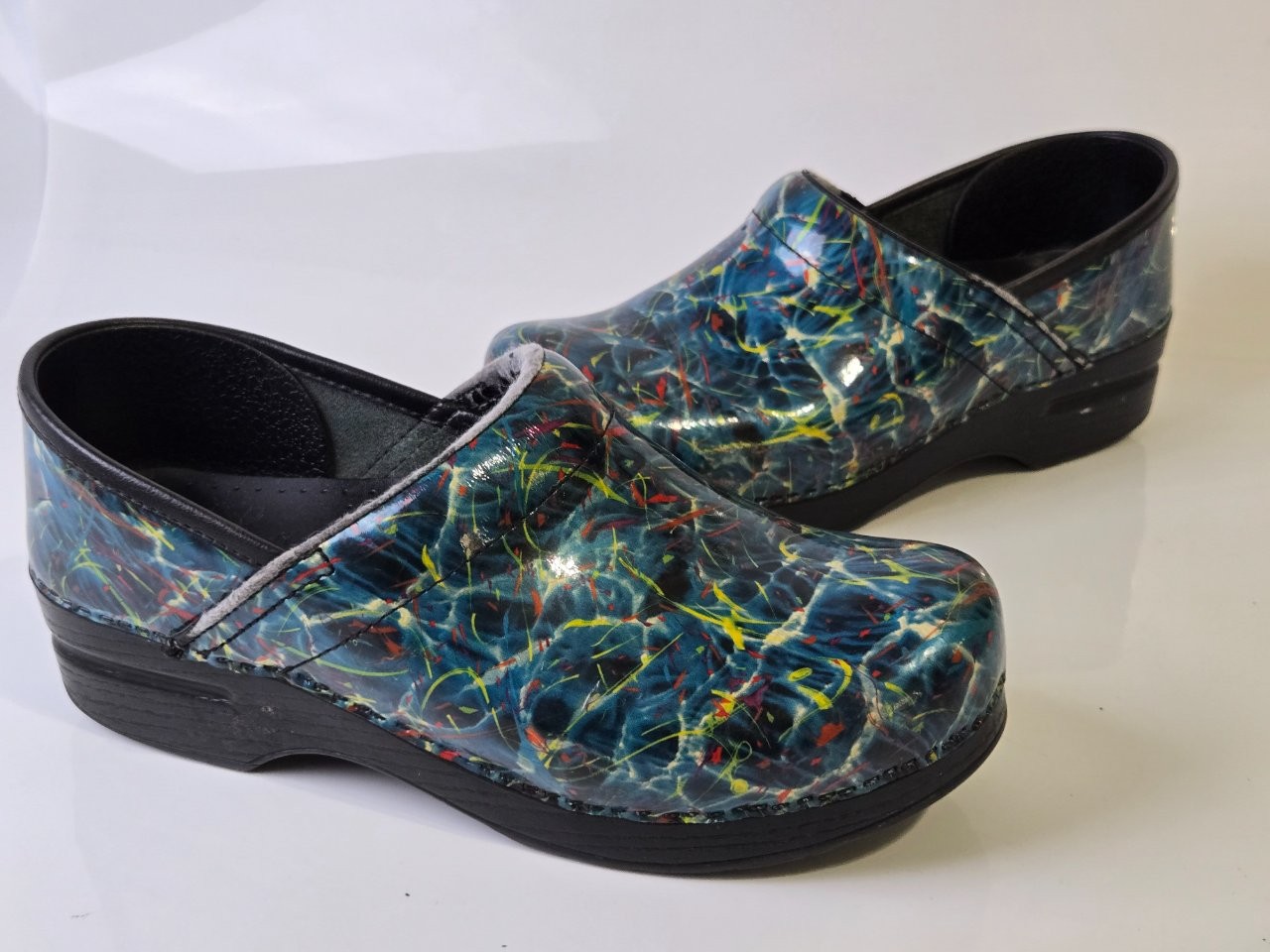 Dansko Professional Women's Blue Abstract Patent Leather Clogs US Size 9