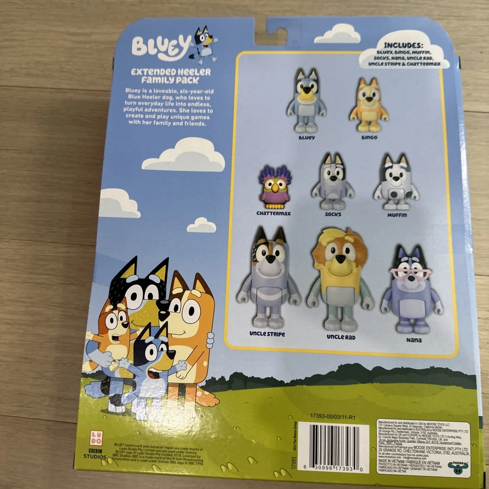 BLUEY EXTENDED FAMILY HEELER PACOTE COM 8 BONECOS Chattermax Nana Uncle Stripes Rad - Imagem 2 de 3