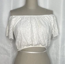 WOMEN'S OFF SHOULDER CROP TOP SHORT SLEEVE LACE WHITE SIZE FITS SMALL 