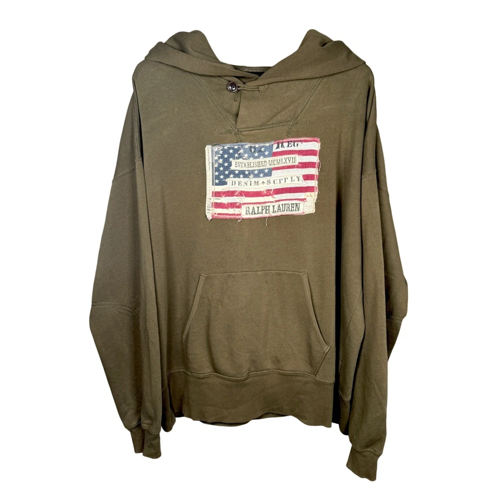 Sudadera con Capucha Gráfica Bandera Verde Oliva Denim & Supply De Colección Ralph Lauren XXL Para Hombres Y2K Años 90 Foto 2 de 4