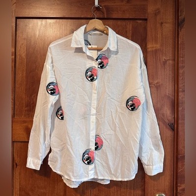 NWT Patiskha White Cotton Button Up Shirt Panda Design Size Small