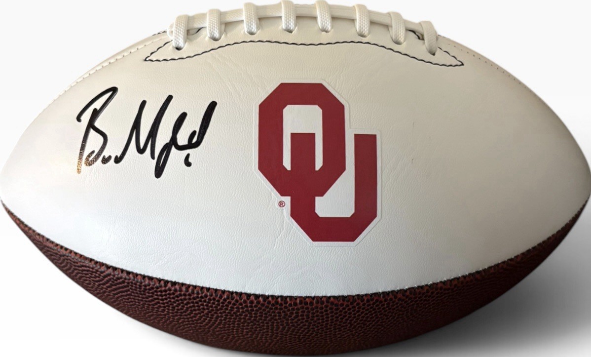 Oklahoma Sooners Baker Mayfield Signed White Logo Football Beckett Certified