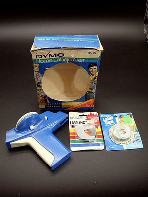 Vintage 1970s Dymo 1800 Home Label Maker Embosser Blue with Tape Rough Box