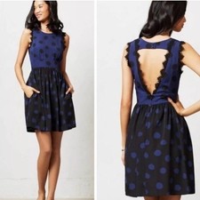 Anthropologie Corey Lynn Carter Blue Black Polka Dot Lace Trim Dress Sz 0