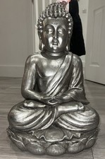 Silver Metallic Seated Buddha Statue 50cm Tall Home Decor Ornament Sculpture
