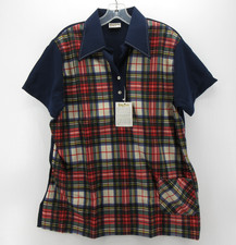 VTG King Louie Polo Shirt Women XL Blue Bowling Shirt 70s Tartan Plaid 40 NEW