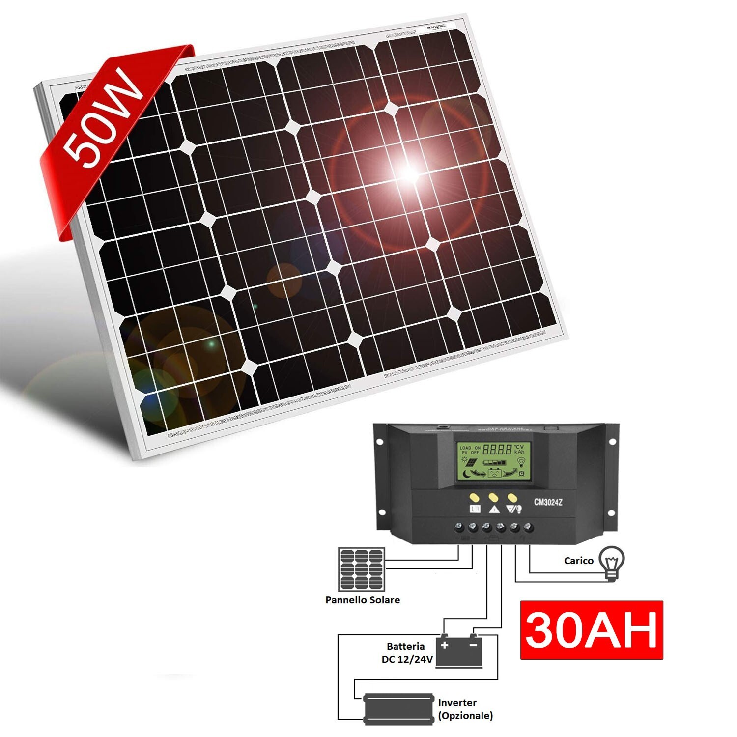 Kit Solare Baita 50W 12V Regolatore 30A | Energia Gratis per Casa e Orto