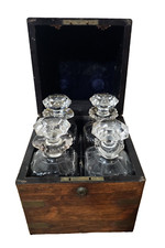 19th Century Antique Mahogany & Brass Campaign Decanter Box with Decanters