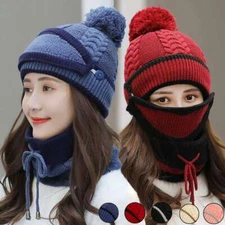 3pcs/Set Women Winter Warm Pom Hat Cap Mask Scarf Neck Thickened Plush Wool Knit