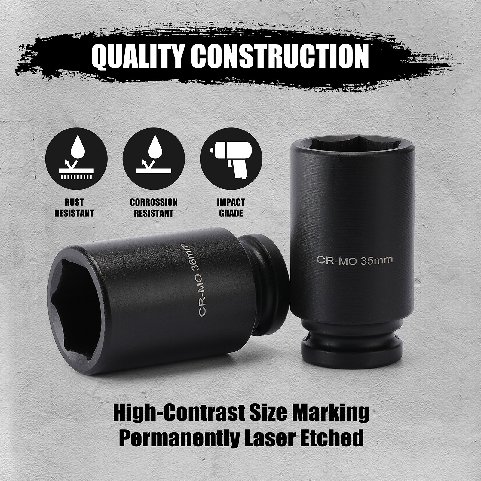 8 Pcs 3/4-Inch Drive Deep Impact Socket Set CR-MO Metric 6-Point 26mm to 38mm