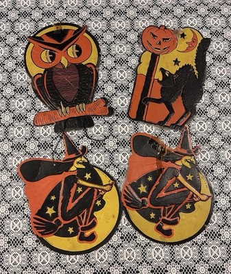 Vintage 1950 s Set of 4 H. E. Luhrs Bestile Embossed Cardboard Halloween Diecuts