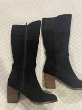 Crown Vintage Black  Suede Knee High Boots 7M Heel Genuine Leather