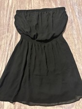 Vintage Y2K Express Black Strapless Chiffon Mini Dress Smocked Blouson Medium