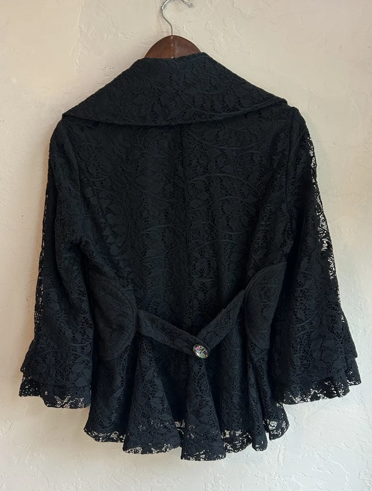 Joseph Ribkoff Black Lace Blazer Jacket 10 Bell Sleeve Goth Witchy Gem Designer - Image 2 of 4