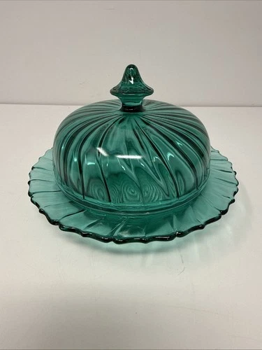 Jeannette Depression Glass Ultramarine Petal Swirl Covered Butter Dish c1930s