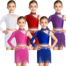 Kids Girls Outfits Sparkly Costume One Shoulder Dress Bottoms Dancewear Fringe