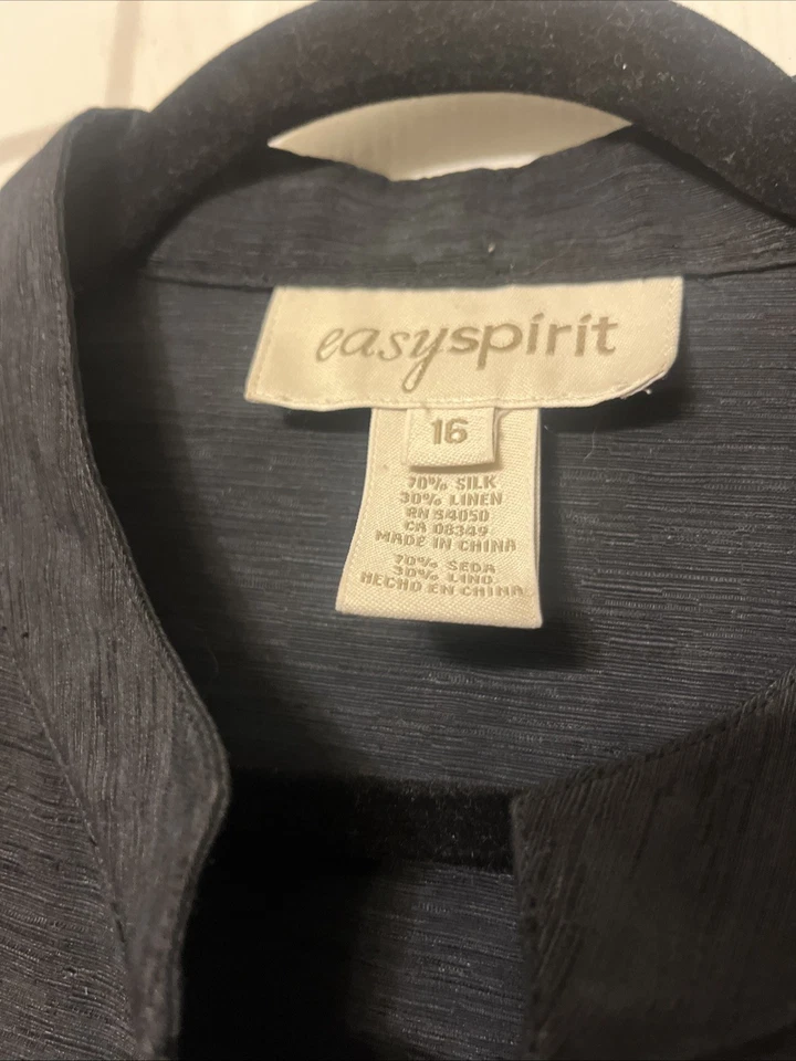 Blusa sin mangas Easy Spirit vintage mezcla de lino seda botones abulón negro Foto 2 de 4
