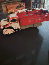 Vintage Marx Pressed Steel Stake Bed Toy Truck Red  White Farm Truck