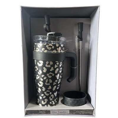 Leopard Print Tumbler 30oz Stainless Steel Handle Straw Dual Lid Silver Black