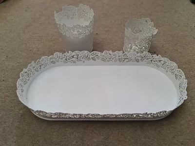 Ikea Samverka White Metal candle tray with matching holders laser cut pattern - Image 1 of 4