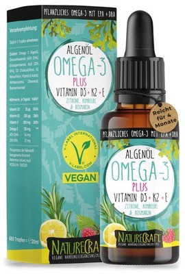 Omega-3 Algenöl PLUS - 40% DHA und 20% EPA mit Vitamin D3 + 20 ml (1er Pack) 