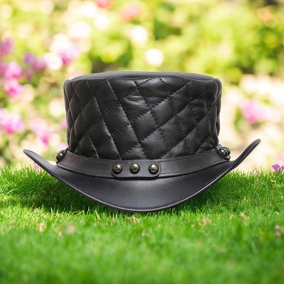 Men's Black Leather Top Hat with Studded Band - Handmade Steampunk Western Hat