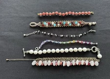 6 Bracelets Bundle Glass Beaded Silver & Gold Tone Bead Job Lot Of Six