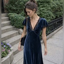 RIXO Clarice Silk Velvet Dress with Black Lace Trim Small