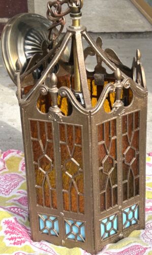 Vintage Antique 1920s Spanish Revival Art Deco 5 Arm Chandelier Cast Brass