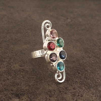 Antique Multi Color Hydro Quartz Silver Plated Texture Finish Big Ring 7 US Size