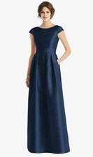 Alfred Sung Dress Size 2 Satin Cap Sleeve D779 Midnight Blue Pockets