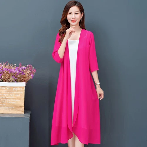 Women Cardigan Sheer Chiffon Long Jacket Coat Open Casual Half Sleeve Outwear - Bild 23 von 26