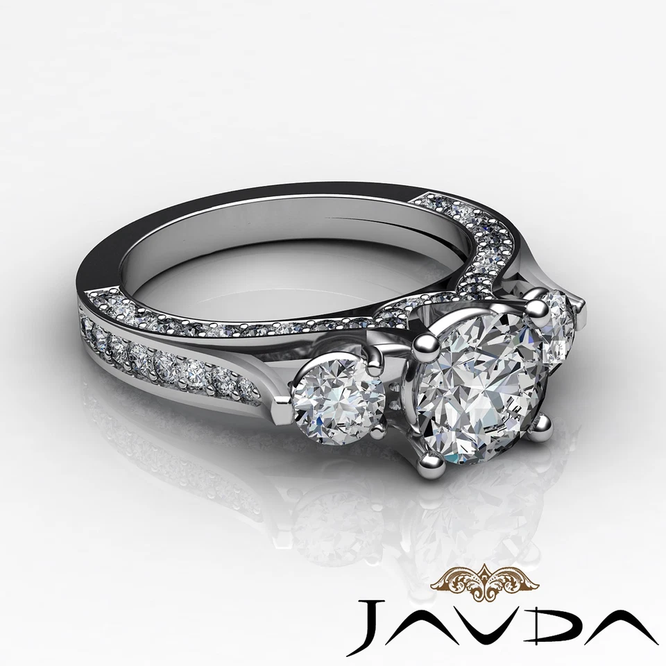 2.8 克拉圆形钻石美丽订婚 3 石戒指 GIA F VS2 14k 白金 — 第 3/4 张图片