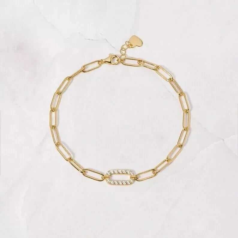 Lab Created Diamond 0.50Ct Women Paper Clip Bracelet 14K Yellow Gold Plated 7"in - Image 3 of 4
