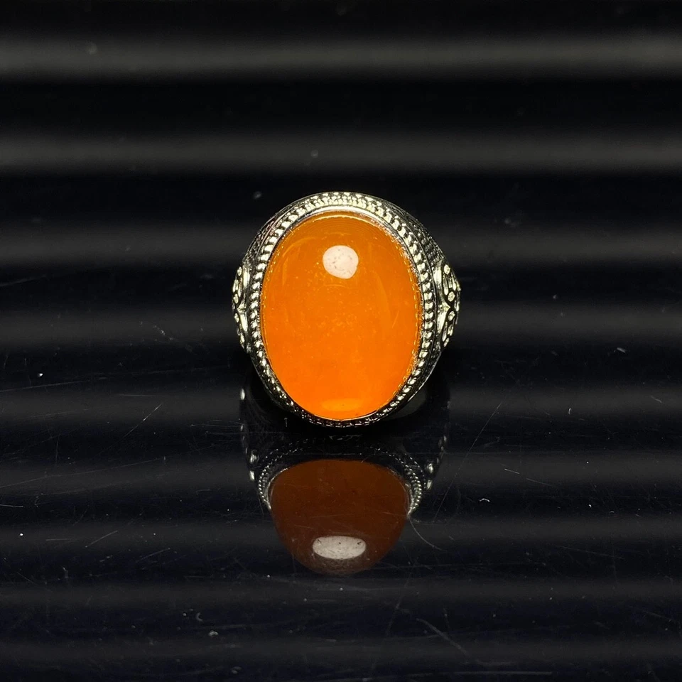 Anillos amuleto para mujer con incrustación natural naranja hielo jade birmano jadeíta Foto 2 de 4