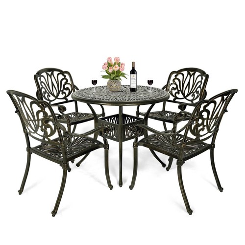 5PC Patio Dining Set Outdoor Cast Aluminum Furniture W/ Round Table Chair Bronze - Picture 2 of 16