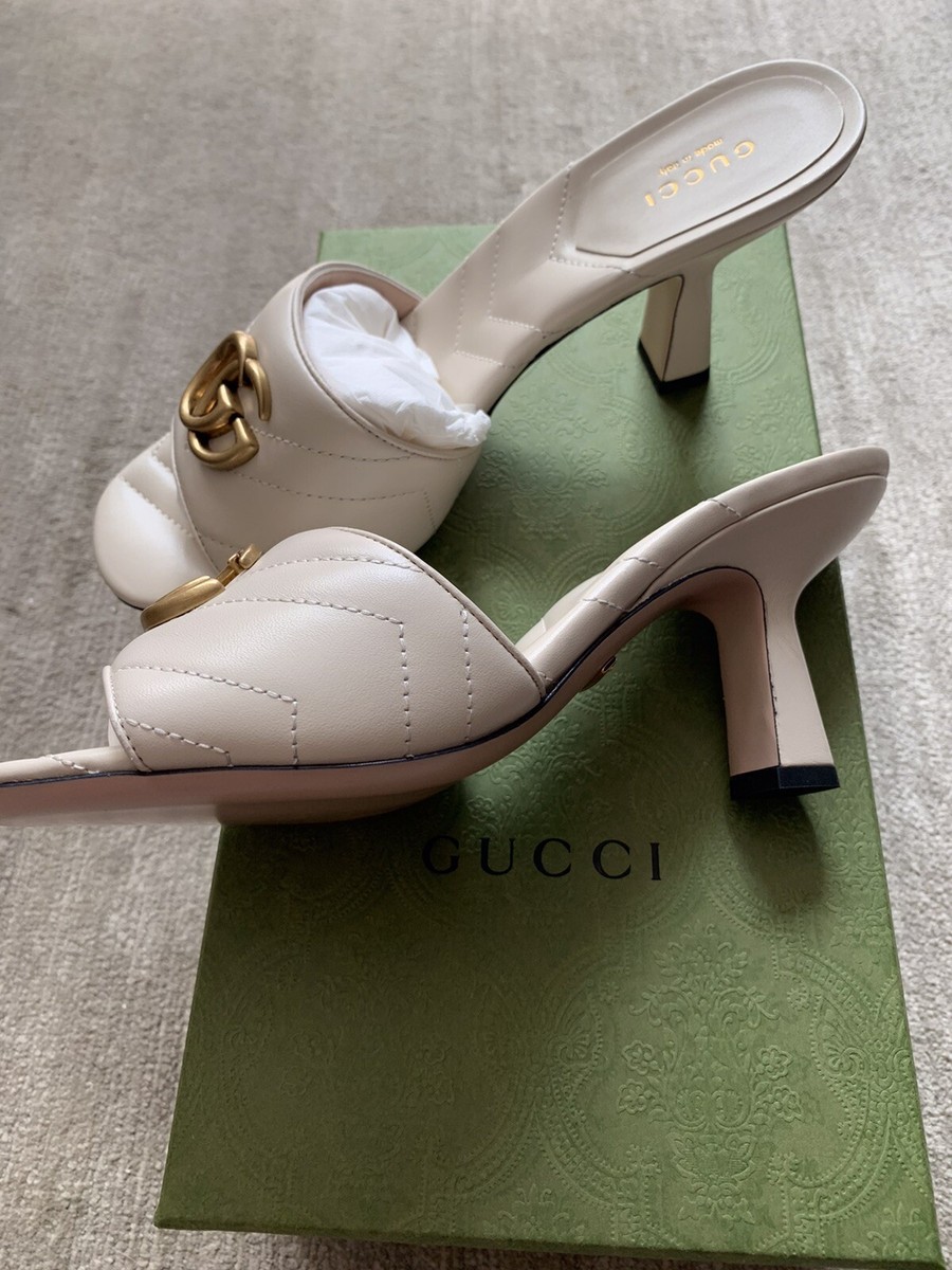 Gucci Double G High Hill Sandals Mules Shoes Ivory Size 38