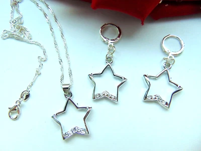 925 Silber Schmuck Set Glitzer Stern AAA Zirkon Kette Anhänger Creolen Neu - Bild 1 von 4