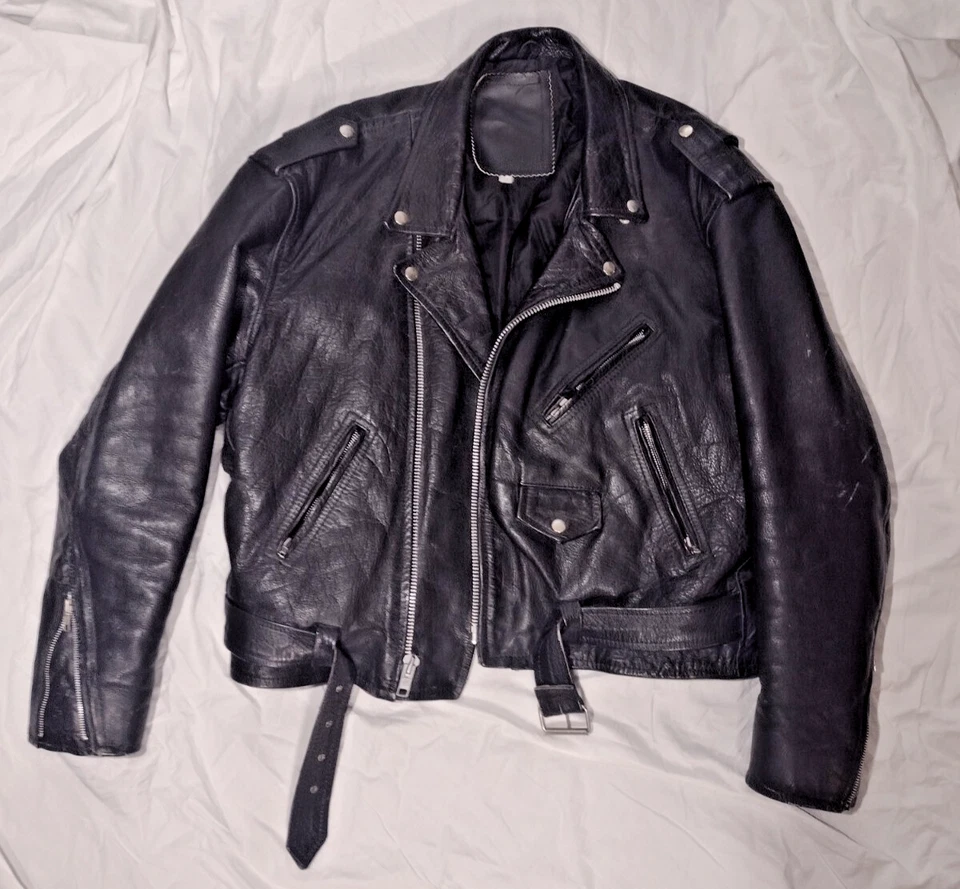 男式皮革大号长袖白兰度机车夹克 100% 牛皮拉链二手