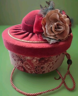Vintage Small Decorative Hat Shaped Box Antique look storage box velvet  flowers