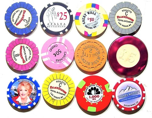 Lot Of 12 Casino Poker Chips Palace Station Great Wall Sahara Moore's Collectibl