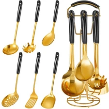 Black and Gold Cooking Utensils Set, 7 Pcs Stainless Steel Kitchenware Gift w...