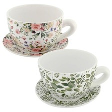 Ceramic Plant Pot Teacup Planter with Saucer Indoor Outdoor Herb Flower Azuma